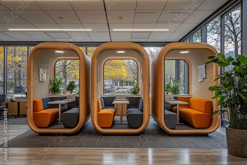 Modern workspace with cozy pods for collaboration and creativity in a vibrant office environment