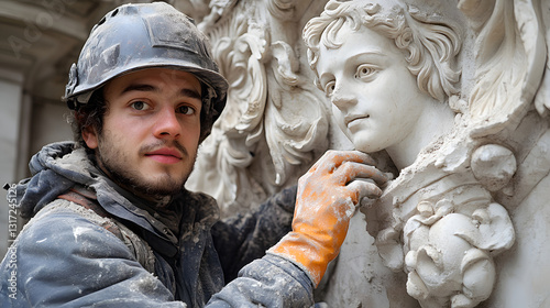 Artisan's Touch: A skilled artisan meticulously works on a classical sculpture, showcasing precision and dedication, capturing artistic passion.