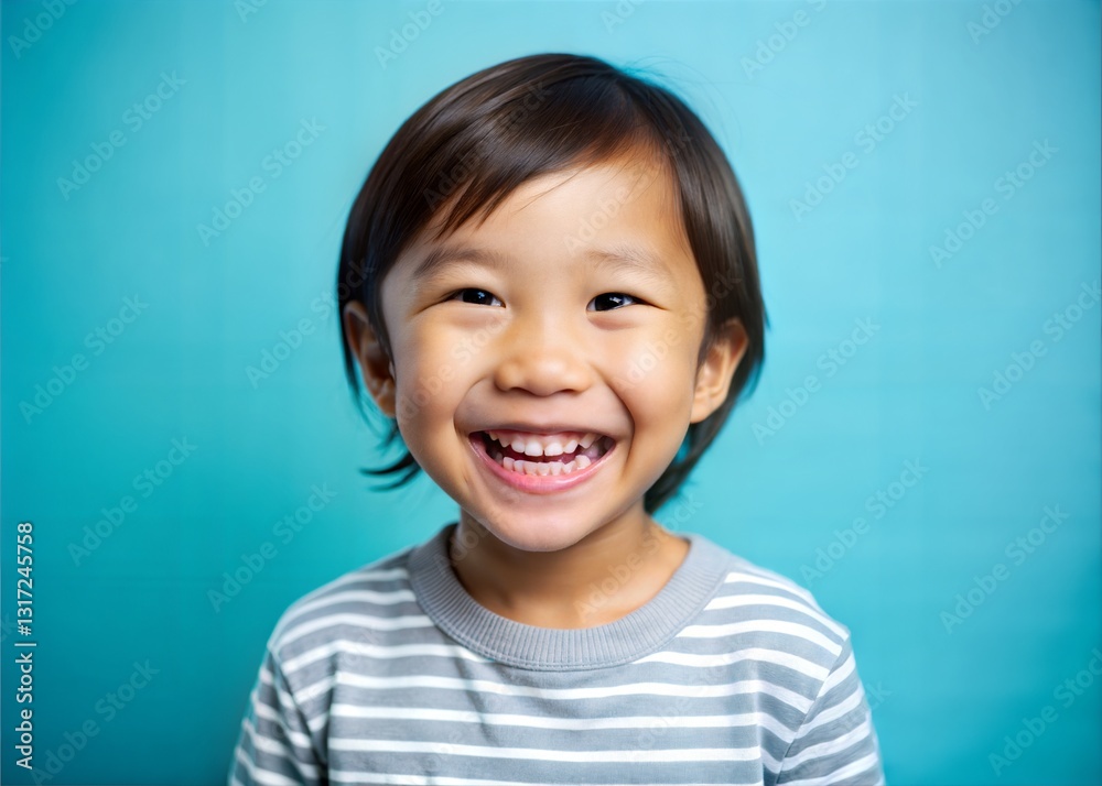 Joyful Child Smiling Brightly Against a Teal Background Joyful Child Smiling Brightly Against a Teal Background