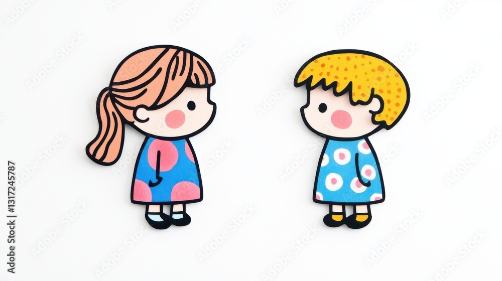 Cute Hand-Drawn Cartoon Characters of a Girl and Boy in Bright Clothing for Children's Media and Education Cute Hand-Drawn Cartoon Characters of a Girl and Boy in Bright Clothing for Children's Media and Education