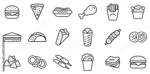 "Fast Food Icon Set: A Stylish Collection of Symbols Representing Quick Meals and Popular Fast Food Items"