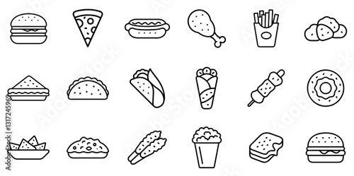 "Fast Food Icon Set: A Bold Collection of Symbols Representing Popular Quick Meals and Snacks"