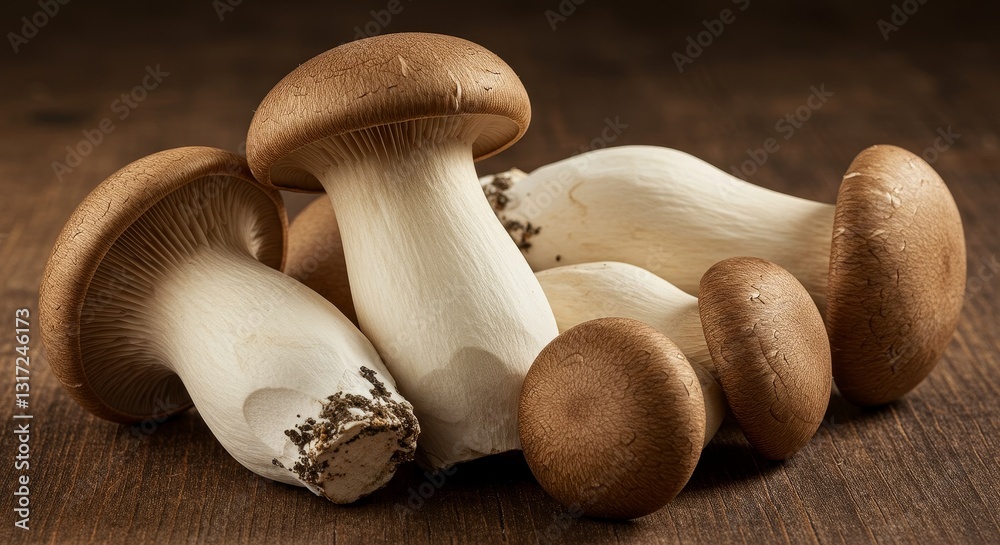 Fresh Brown King Oyster Mushrooms on Wood - A group of fresh brown king oyster mushrooms arranged on a dark wooden surface. Symbolizing: nature, health, gourmet food, earthy flavors, culinary delight Fresh Brown King Oyster Mushrooms on Wood - A group of fresh brown king oyster mushrooms arranged on a dark wooden surface. Symbolizing: nature, health, gourmet food, earthy flavors, culinary delight
