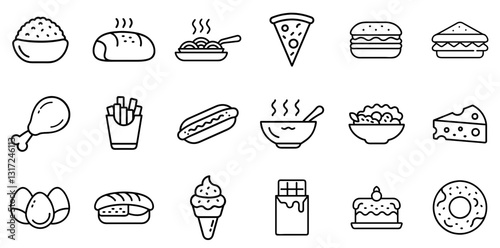 "Comprehensive Food Icons Set: A Diverse Collection of Symbols Representing Various Dishes, Ingredients, and Beverages"