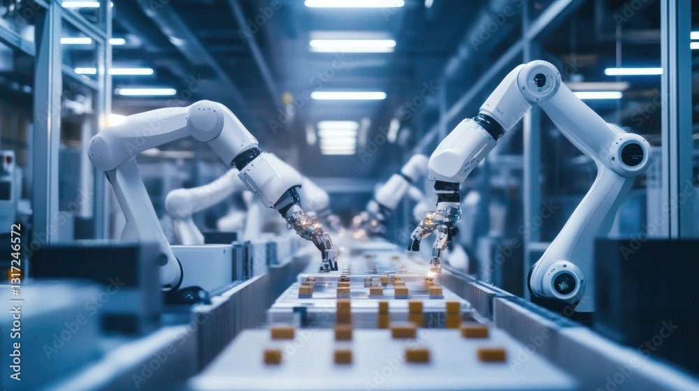 Fototapeta premium Automated precision: Collaborative robotic arms in high-tech manufacturing