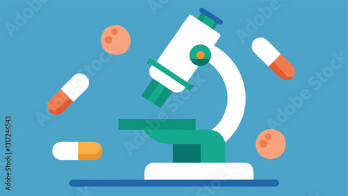 Scientific Focus A microscope with exosomes observed under the lens with capsules lined up beside it representing the blend of science and health.