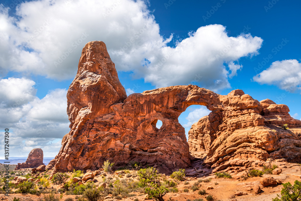 Turret Arch in Arches national park, Utah. Turret Arch is a natural free standing arch in the Windows area of Arches National Park.