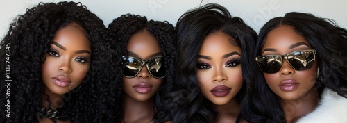 Four Black Women with Curly Hair and Sunglasses Pose Together