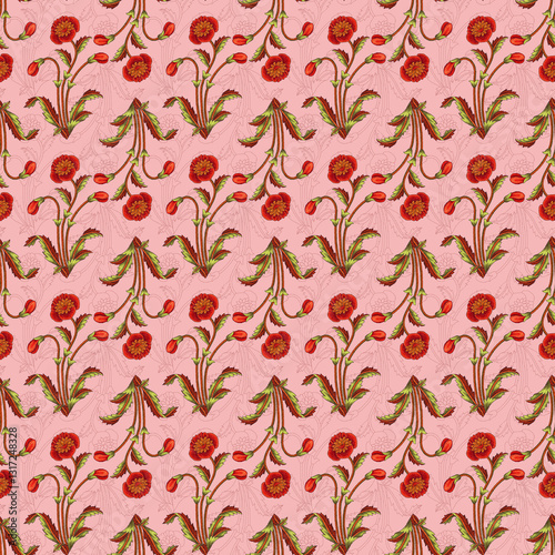 Abstract seamless color full paisley flower leaf mughal motif bunch pattern