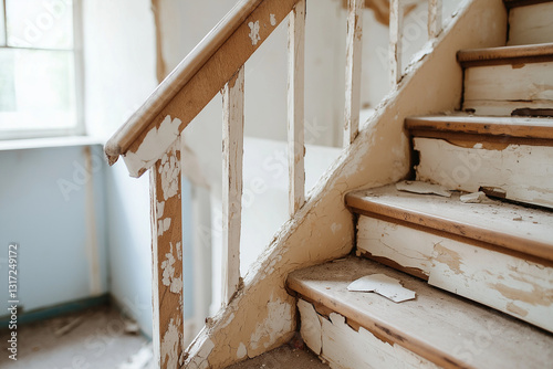 Medium shot of an old wooden staircase with broken steps and a loose railing in a rundown apartment building.
