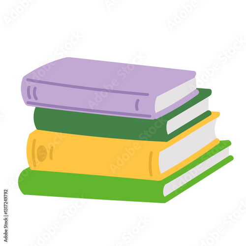 Stack of books in flat cartoon design. School textbooks in pile with hardcovers. Library and bookstore paper items. Information, cognition and creativity literature publications. Vector illustration