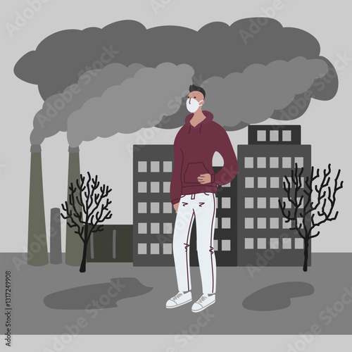 Vector hand drawn illustration with men in mask. Man wearing mask against smog. City landscape chimneys emit smoke harmful emissions polluted air poor ecology in the city. Air pollution concept
