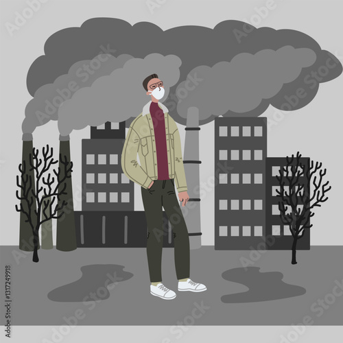 Vector hand drawn illustration with men in mask. Man wearing mask against smog. City landscape chimneys emit smoke harmful emissions polluted air poor ecology in the city. Air pollution concept