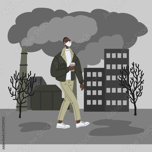 Vector hand drawn illustration with men in mask. Man wearing mask against smog. City landscape chimneys emit smoke harmful emissions polluted air poor ecology in the city. Air pollution concept