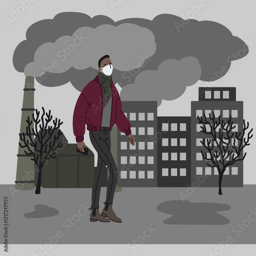 Vector hand drawn illustration with men in mask. Man wearing mask against smog. City landscape chimneys emit smoke harmful emissions polluted air poor ecology in the city. Air pollution concept