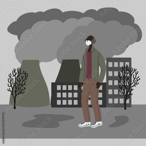 Vector hand drawn illustration with men in mask. Man wearing mask against smog. City landscape chimneys emit smoke harmful emissions polluted air poor ecology in the city. Air pollution concept