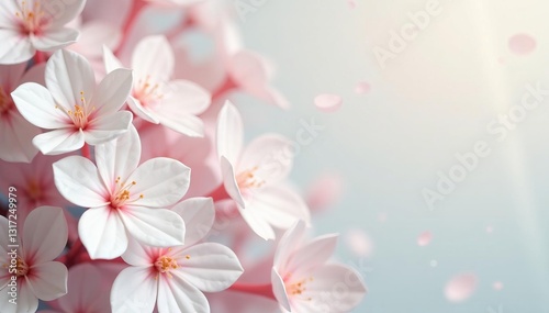 Close up of delicate white paper flowers blooming against a soft pastel background, pastel, bloom
