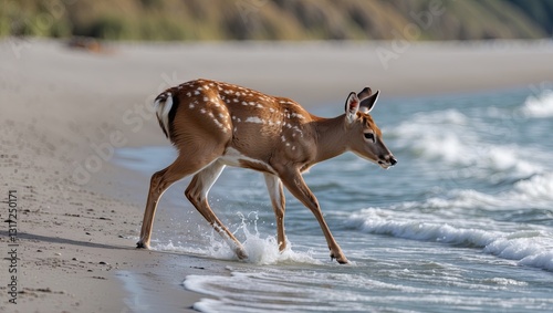 Young deer walking cautiously along a sandy beach while splashing in the gentle waves of the ocean photo