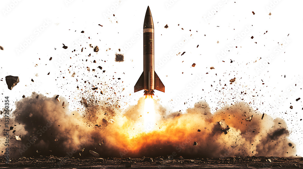 Fototapeta premium Rocket launch with fire and smoke trail isolated on white and transparent background. AI PNG