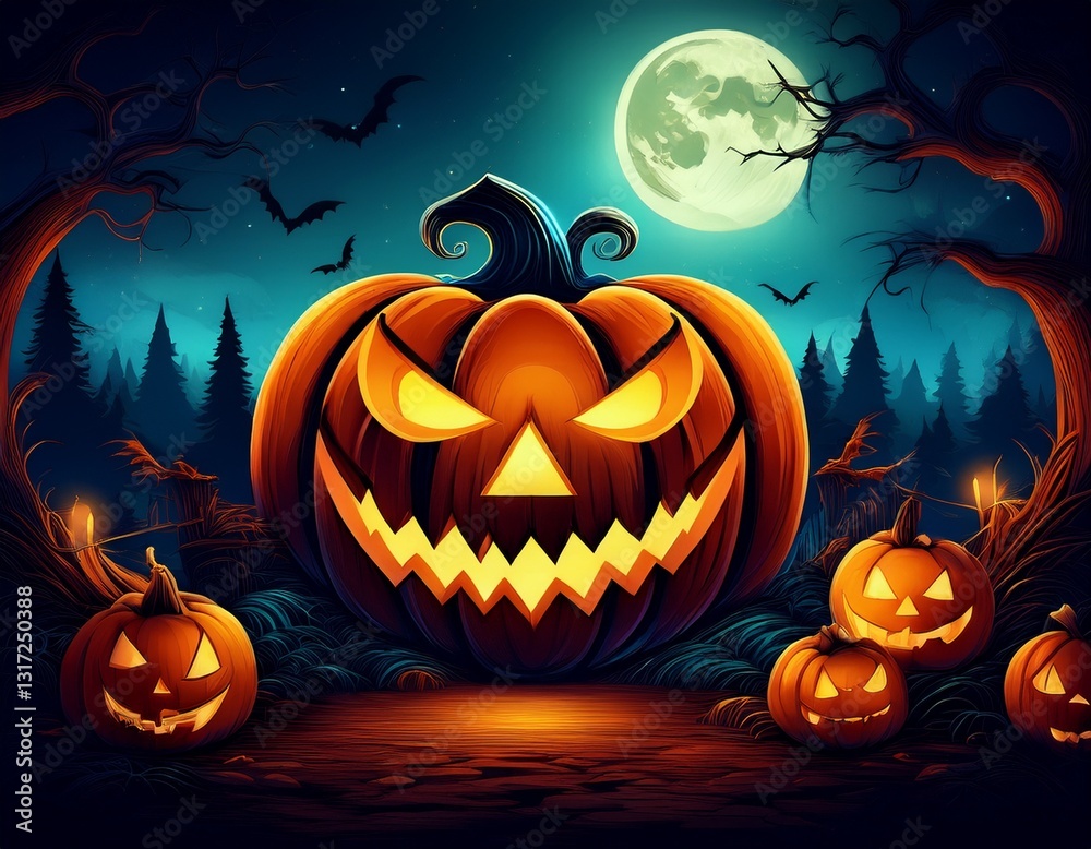 Generated image Halloween Pumpkin scary postcard with dim light, full moon night Generated image Halloween Pumpkin scary postcard with dim light, full moon night