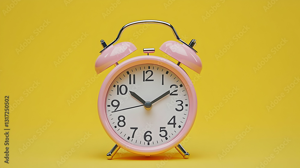 Pink Retro Alarm Clock On A Vibrant Yellow Backdrop With A White Clock Face And Black Numbers Pink Retro Alarm Clock On A Vibrant Yellow Backdrop With A White Clock Face And Black Numbers