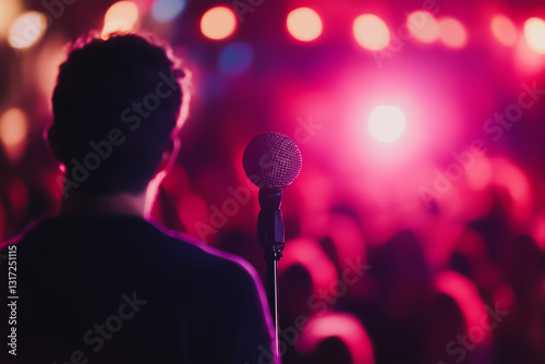 Photograph of a person speaking Portuguese in front of a crowd, with soft-focus background photo