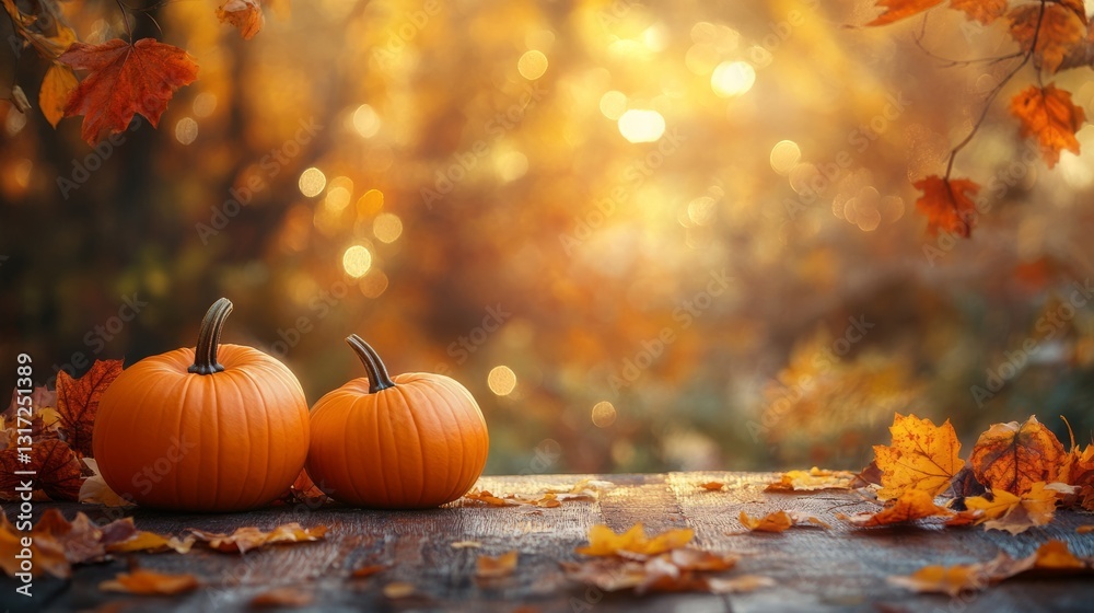 Cozy empty fall table background with pumpkins, leaves, and soft, warm lighting for product display Cozy empty fall table background with pumpkins, leaves, and soft, warm lighting for product display