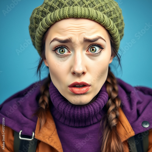 Oh no. Closeup photo of pretty traveler lady look speechless eyes full of fear terrified made mistake wear green beret hat purple turtleneck isolated blue color background