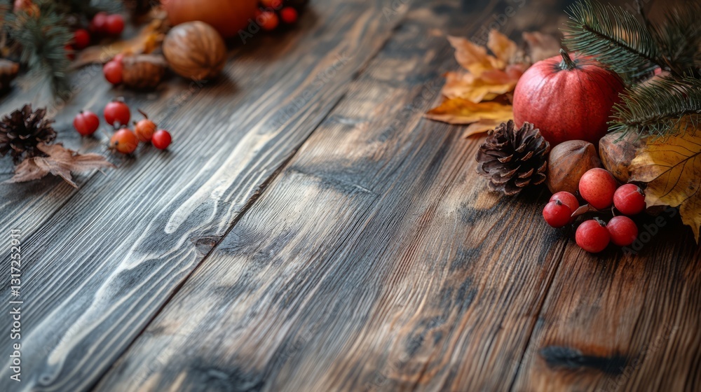 Empty fall table with cozy textures, wooden surface, and subtle autumn decorations, perfect for product photography 