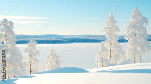 Beautiful Winter Landscape with Snow-Covered Trees Near a Frozen Lake Under Clear Sky