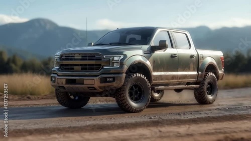 Rugged Off-Road Pickup Truck on a Scenic Dirt Road,  smooth repeating motion for background video animation