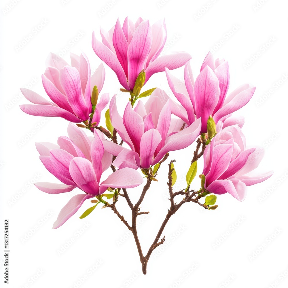 Obraz premium Delicate Pink Magnolia Blossoms on a Branch in Full Bloom Against a Bright Background