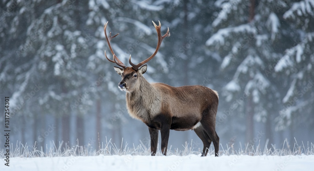 Majestic Deer in Winter Wonderland - A majestic deer stands proudly in a snowy forest, its antlers silhouetted against the winter trees. A serene winter scene Majestic Deer in Winter Wonderland - A majestic deer stands proudly in a snowy forest, its antlers silhouetted against the winter trees. A serene winter scene