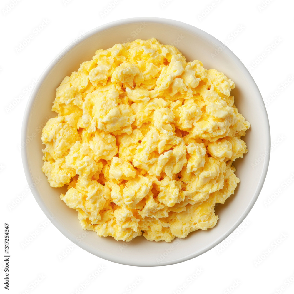 A bowl filled with fluffy, yellow scrambled eggs, showcasing a soft texture and appetizing appearance. isolated on white background. A bowl filled with fluffy, yellow scrambled eggs, showcasing a soft texture and appetizing appearance. isolated on white background.