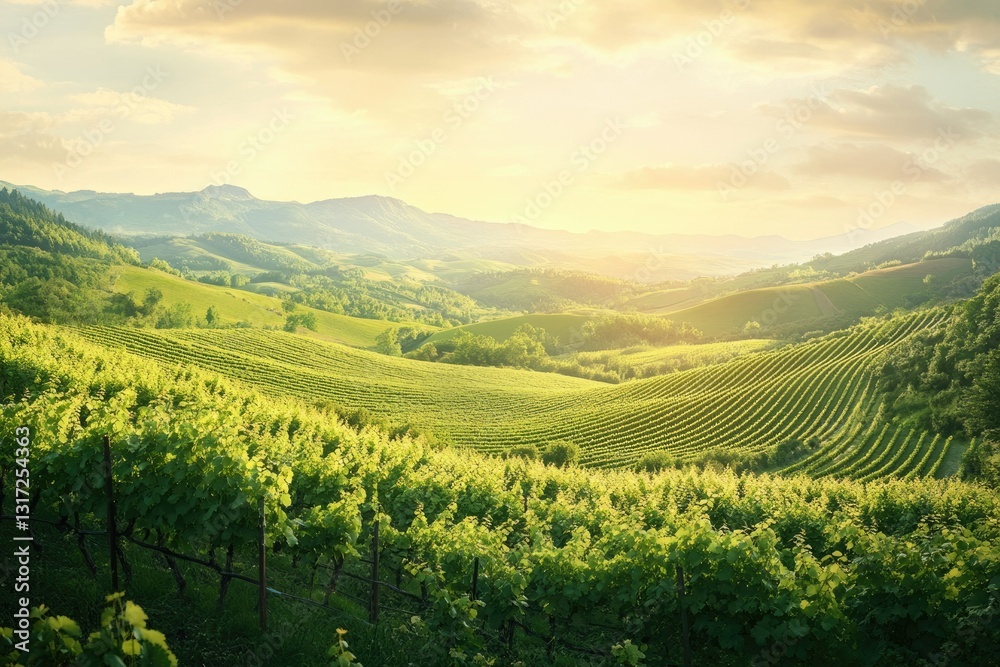 Fototapeta premium Sunlit vineyard rolling hills landscape, picturesque wine country scenery.