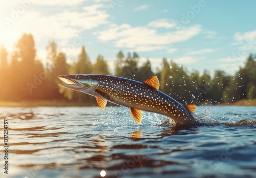 Pike Leaping from Water at Sunset