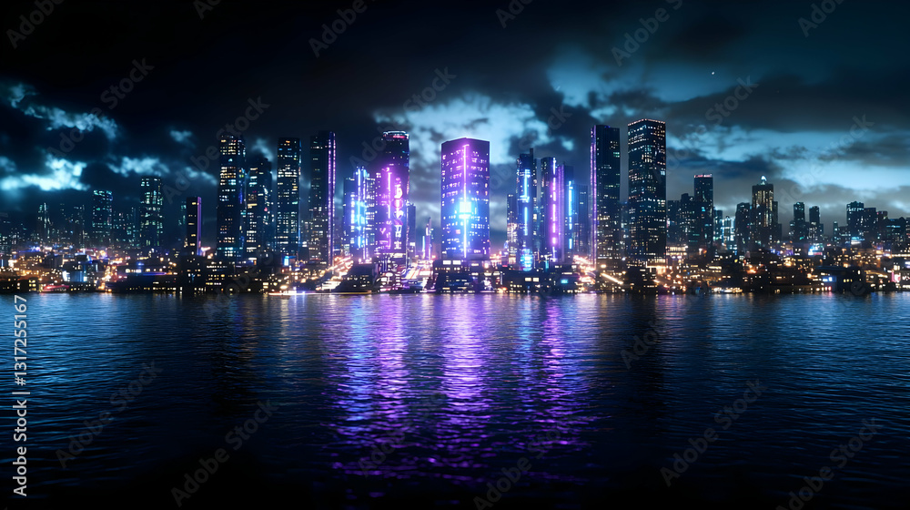 Obraz premium Pixel Art Cityscape At Night With Purple And Blue Lights Reflecting In The Water
