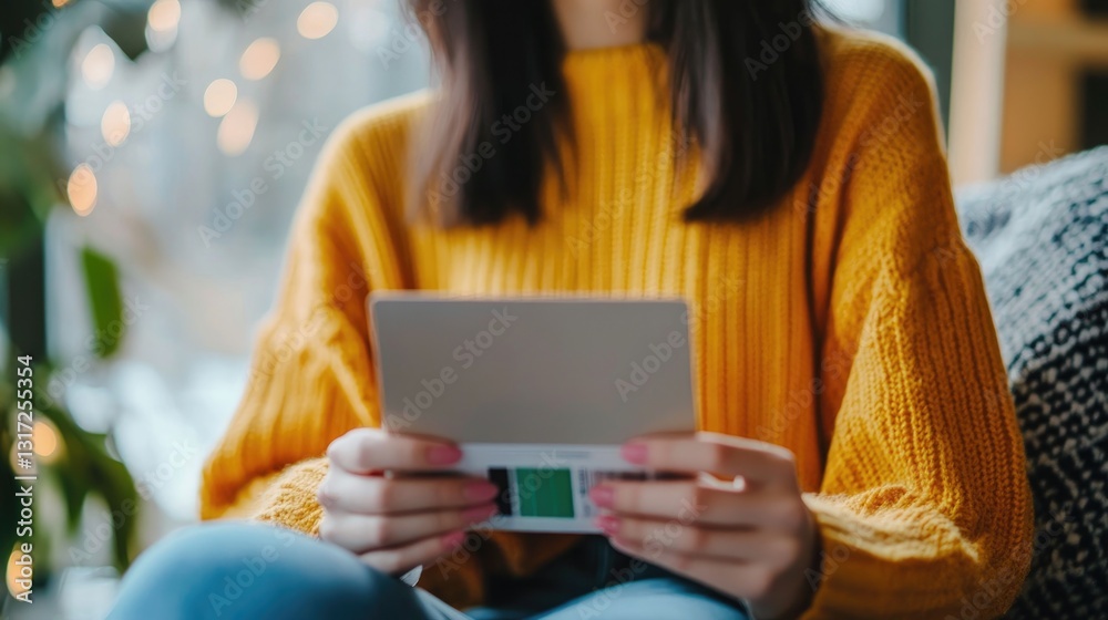 Woman in Yellow Sweater Examining a Color Palette Sample Indoors Woman in Yellow Sweater Examining a Color Palette Sample Indoors