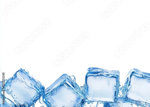 In an abstract design, translucent blue geometric shapes are layered, overlapping one another in a pattern of transparent blue rectangles on a blank background