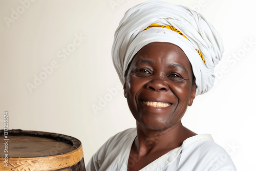 Cheerful jamaican woman distiller poses with rum barrel on isolated white background