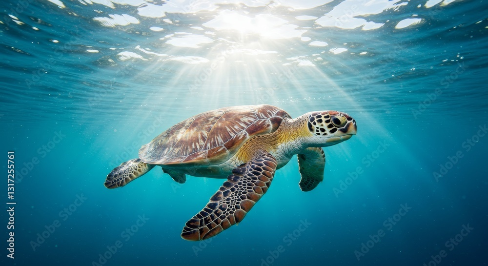 Obraz premium Majestic Sea Turtle Underwater - A stunning sea turtle gracefully swims in crystal-clear ocean water, sunbeams illuminating its path