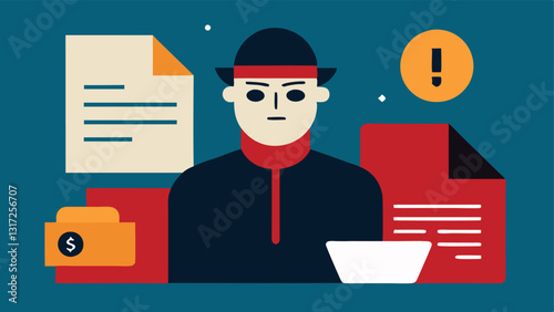 These descriptions can serve as inspiration for vector illustrations that portray the theme of a criminal using forged documents.