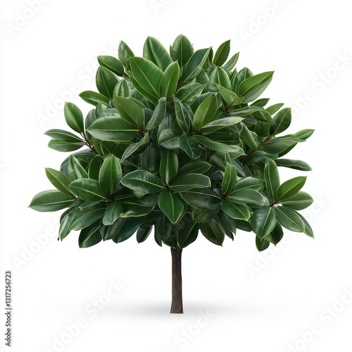 Dense Green Foliage of Rubber Tree with Strong Trunk Isolated on White Background
