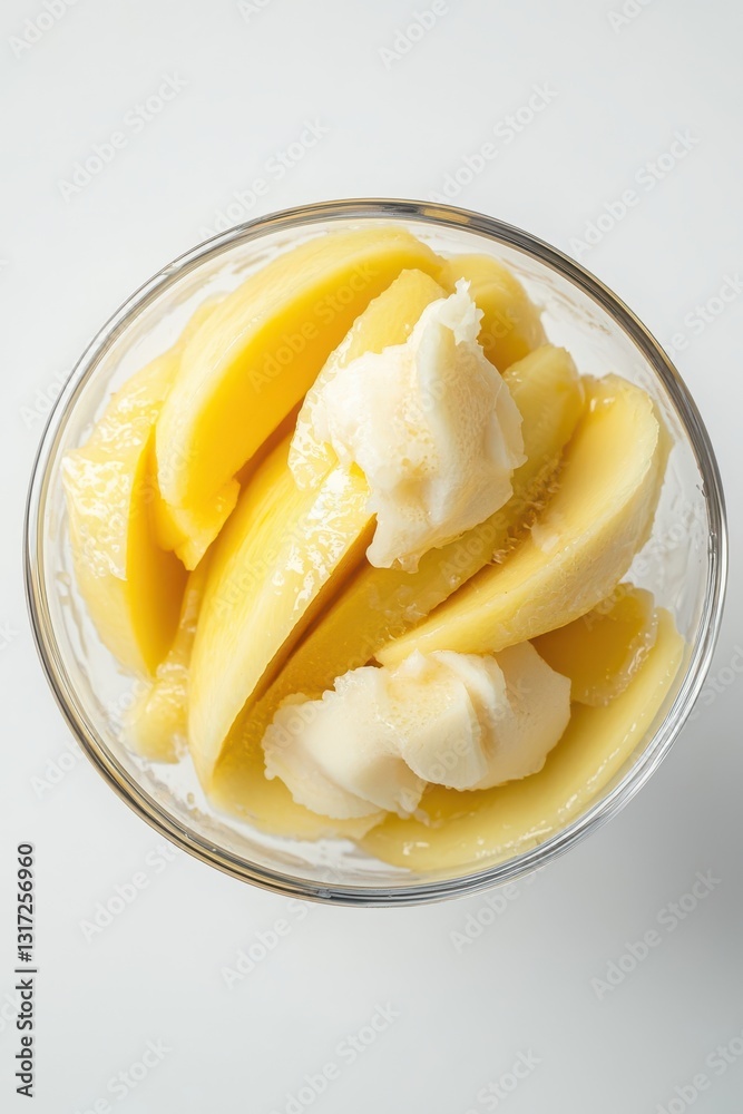 Top Down View of Freshly Cut Mango Slices with Cream in a Glass Bowl on a White Background Top Down View of Freshly Cut Mango Slices with Cream in a Glass Bowl on a White Background