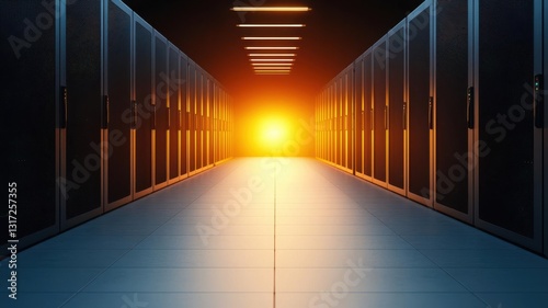 cloud infrastructure automation availability. Futuristic server racks with embedded robotic systems performing automated tasks, ensuring high availability