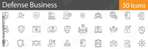 Defense Business Line Icons Set. Collection of 30 outline icons representing security, military, protection, cybersecurity, and defense industry. Editable stroke vector illustration.