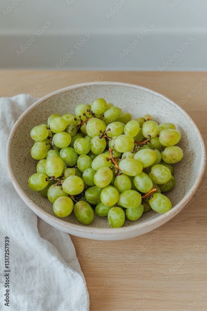 Fresh Green Grapes in a Simple Bowl, Soft Lighting on Natural Wood Surface with White Cloth Accents Fresh Green Grapes in a Simple Bowl, Soft Lighting on Natural Wood Surface with White Cloth Accents