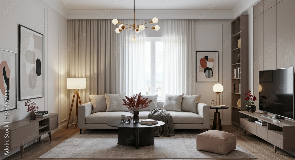 Fototapeta premium Modern Living Room Interior Design - Elegant living room, neutral palette, natural light, cozy atmosphere, contemporary . Symbolizes calmness, sophistication, comfort, modernity, and