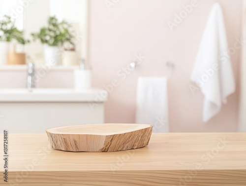 Light beige wooden table top with a wood stump slice in front of a blurred bathroom featuring a white sink, light pink walls, and a hanging white towel for elegant bathing and spa product display.
