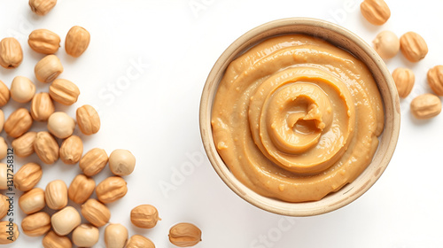 Tasty peanut butter in bowl and groundnuts isolated on white, top view